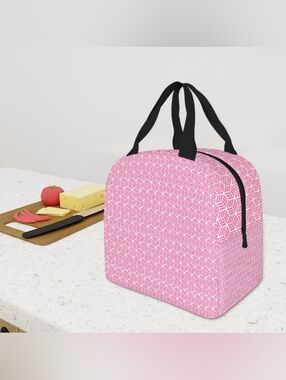 Pink Geometric Travel Lunch Bag with Black Handles